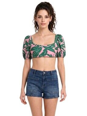 Volcom Leaf Ur Life Pink & Green Tropical Print Crop Bikini Top Size M